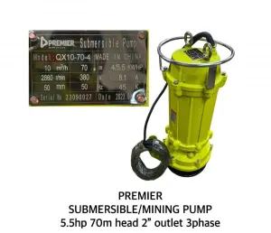 Premier 5.5 HP Submersible / Mining Pump — 70 m Head, 2″ Outlet, 3-Phase