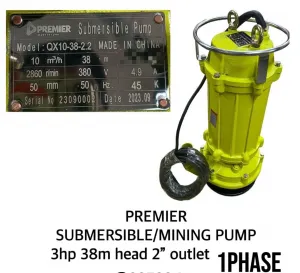 Premier 3 HP Submersible / Mining Pump — 38 m Head, 2″ Outlet, Single-Phase