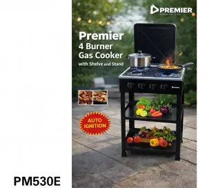 Premier 4 Burner Gas Cooker with Stand & Storage Shelf – Heavy Duty Table Top Stove