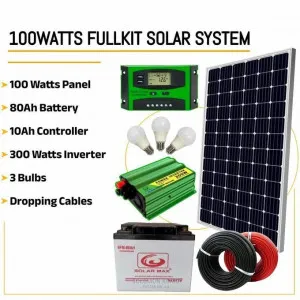 100W Solar Full Kit – 80Ah Battery, 300W Inverter, 10a Controller, 10m cable & Bulbs