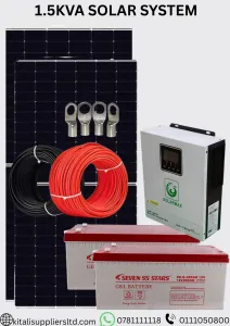 1.5KVA Hybrid Solar System – 2×585W Panels, 2× Seven SS Batteries & Complete Installation Kit with mini rails (end clamp and g clamp)