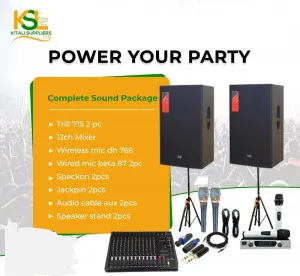 Complete Party Sound Package – 2× Trill 715 Speakers, 12-Channel Mixer, Wireless & Wired Microphones + Accessories 🎤🔊