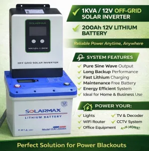1KVA 12V Off-Grid Inverter with 200Ah 12V Lithium Battery – Reliable Backup Power