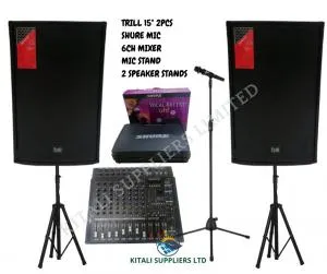 Dual Trill 815 Sound System with 6 Channel Mixer, Shure Microphone, Mic Stand & Speaker Stand for Events & DJs