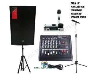 Trill 815 Complete Sound System with 6 Channel Mixer, Wireless Microphone, Mic Stand & Speaker Stand for DJs & Events
