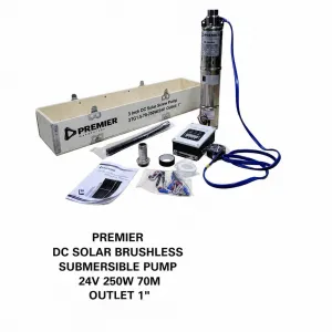 Premier DC Solar Brushless Submersible Pump 24V – 70 m Outlet, 1″ | High Efficiency Solar Water Pump