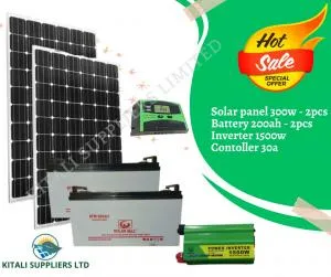 300W Solar Power Full Kit – 2×300W Panels, 2×200Ah Batteries, 1500W Inverter & 30A Controller
