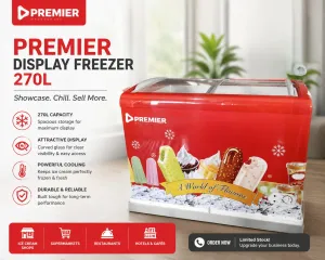 Premier 270L Display Freezer – Commercial Glass Top Deep Freezer