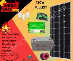 150W Solar Full Kit with 100Ah Solar Gel Battery, 300W Inverter, 10A Controller, 10m Cable & 3 Free DC Bulbs