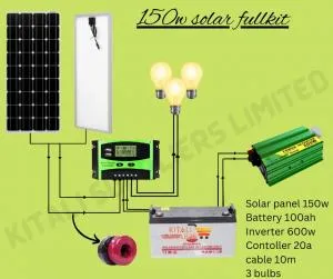 Complete 150W Solar Kit with 100Ah gel battery, 600W inverter, 20A controller, 10m cable & 3 bulbs for reliable home backup power.