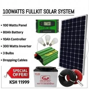 100W Solar Full Kit with 80Ah Battery, 300W Inverter & 3 Bulbs