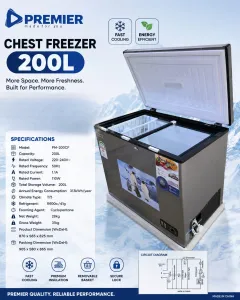 Premier 200L Chest Freezer PM 200CF – Energy Saving Deep Freezer with Fast Cooling Technology