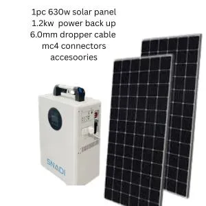 Complete 1.2KVA Snadi solar backup system with 630W solar panel, dropper cable, DC breaker, and SPD for safe and reliable power supply.
