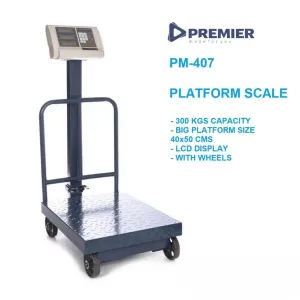 Premier PM-407 300kg Commercial Digital Platform Scale with LCD Display & Mobility Wheels – Heavy-Duty High-Precision Weighing Solution