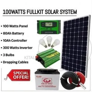 100W Solar Home Kit with 80Ah Battery, 300W Inverter, 10A Controller, 3 Bulbs & 10M Cable