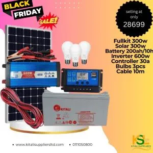 300W Solar Home Lighting Kit with 200Ah Battery, 600W Inverter, 20A Controller & Accessories