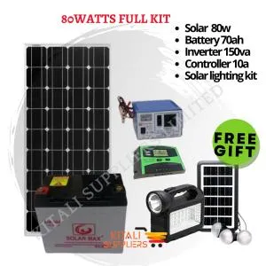 80W Solar Full Kit – 80W Solar Panel, 70Ah Solar Gel Battery, 150VA Inverter, 10A Charge Controller + FREE Solar Lighting Kit