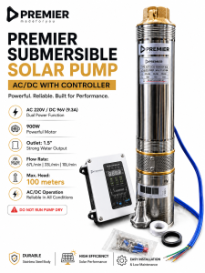 Premier 900W AC/DC Submersible Solar Water Pump with Controller – 100M Head, 1.5 Inch Outlet, Stainless Steel Deep Well Pump