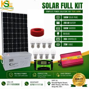 500W Solar Full Kit – 200Ah Solar Gel Battery, 600W Inverter, 30A Controller, 8 LED Bulbs & 20M Cable