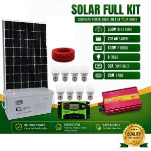 500W Solar Full Kit – 200Ah Solar Gel Battery, 600W Inverter, 30A Controller & LED Lights