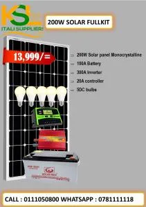 200W Complete Solar Power Kit with 200W Solar Panel, 100Ah Battery, 300W Inverter, 10A Charge Controller & 5 DC LED Bulbs