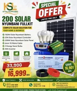 200W Solar Nyumbani Full Kit – Complete Home Solar Power System with 150Ah Battery, 300W Inverter, 20A Charge Controller & LED Bulbs