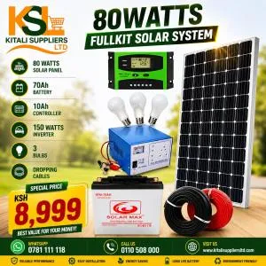 80W Solar Home Lighting Kit with 70Ah Battery, 150VA Inverter & 3 LED Bulbs