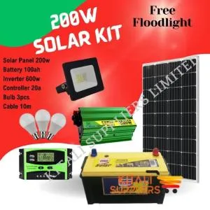 200W Complete Solar Power Kit with Chloride Exide 100Ah Solar Battery, 600W Pure Sine Wave Inverter, 20A Charge Controller & LED Lighting System – Reliable Off-Grid Home Backup Solution