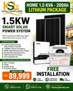 1.5KW Smart Solar System with 580W Solar Panel, 1.5KVA Hybrid Inverter & 1.25KWh Lithium Battery – Complete Energy Solution