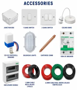 Solar Installation Accessories Kit – Switches, Junction Box, DC Protection, Cables, Bulkhead Lights & Earthing Components
