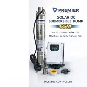 Premier 24V DC 250W Solar Submersible Water Pump – 65M Head with Controller