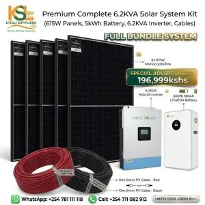 Complete 6.2KVA Hybrid Solar Power System Bundle (6x 615W Panels + 5kWh LiFePO4 Battery + PV Cables)