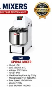 54L Spiral Dough Mixer H50 – 3KW Heavy-Duty Commercial Mixer, 25KG Max Kneading Capacity