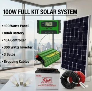 100W Full Kit Solar System – 80Ah Battery, 300W Inverter & 3 LED Bulbs