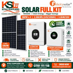 Felicitysolar Complete Solar Full Kit: 2x 580W Panels + 3.2kW/24V Inverter + 2.56kWh (24V 100Ah) Lithium Battery