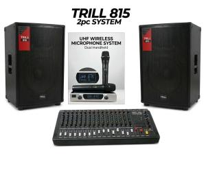 Trill Speaker 815 PA System Package with 2 Speakers, UHF Wireless Microphone and 12-Channel Audio Mixer