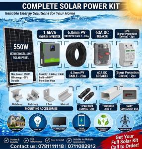 550W Monocrystalline Solar Panel with 1.5kVA Hybrid Inverter and Installation Accessories