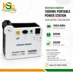 Reomax Energy 1000Wh Portable Power Station (ESS-500W-1000Wh) – LiFePO4 Battery & Pure Sine Wave UPS