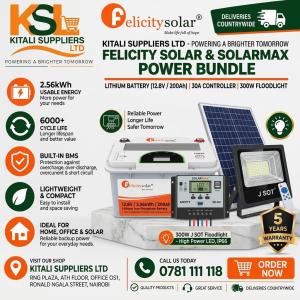 200Ah 12.8V Lithium Battery Solar Kit with 30A Charge Controller & 300W J-SOT Floodlight