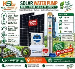 Complete 0.5HP Solar Water Pump System with 2x300W Solar Panels – Model 3SDS4-11/11-0.4-55