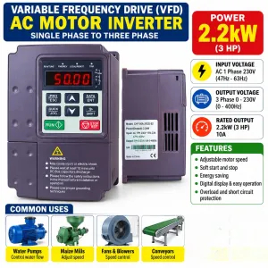 2.2kW 3HP Variable Frequency Drive (VFD) – Single-Phase to Three-Phase Motor Inverter