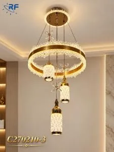Modern Luxury LED Crystal Ring Chandelier with 3 Pendant Lights – Gold